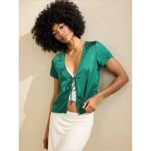 NWT Aerie Green Polka Dot Tie Front Short Sleeve Sleepwear Top Women's XS